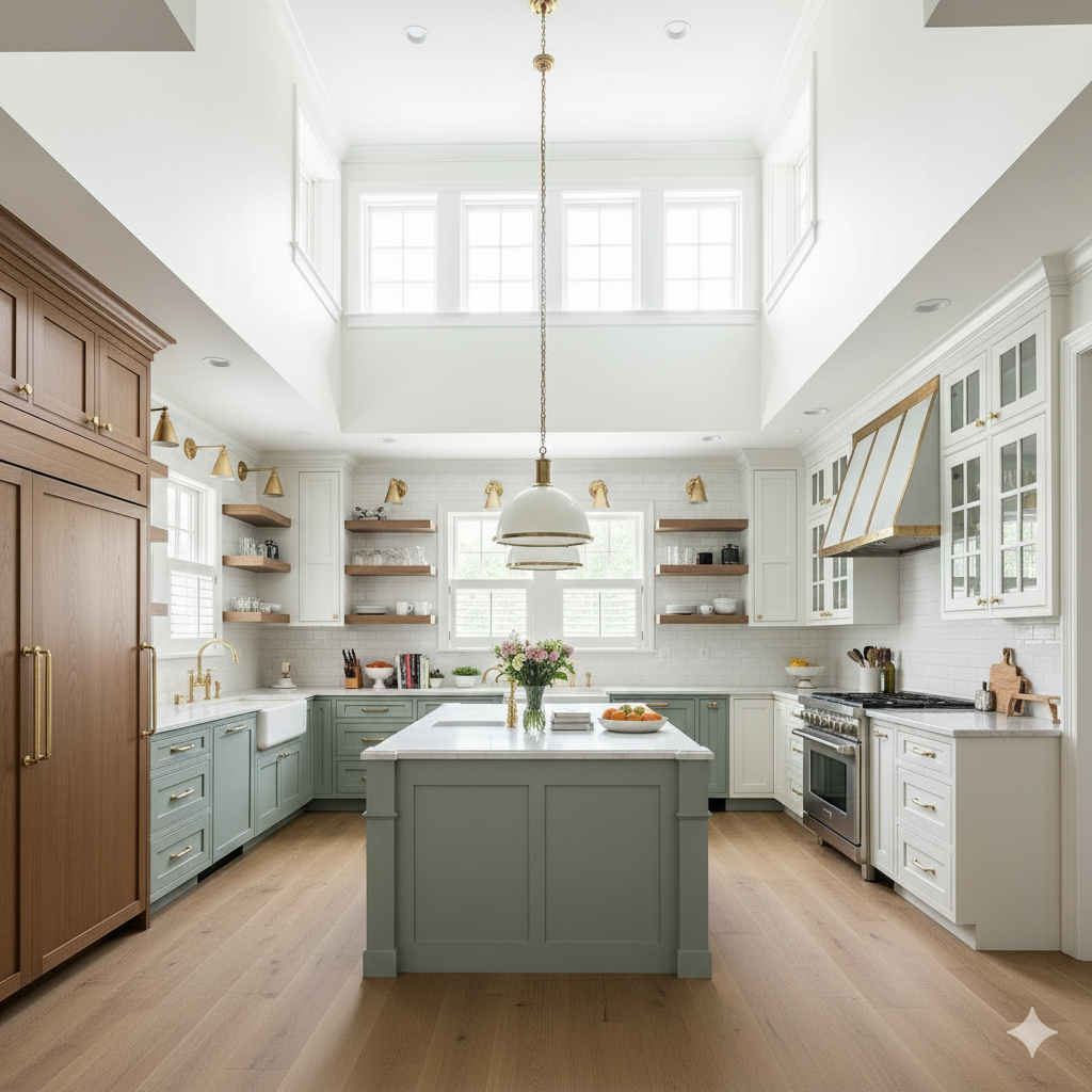 Contemporary kitchen with two-tone cabinetry and stainless steel appliances.